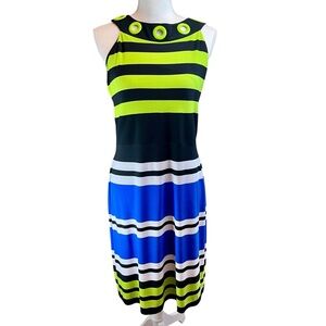 JOSEPH‎ RIBKOFF Green Black Striped Sleeveless Dress Sz 14 Stretch Office Work